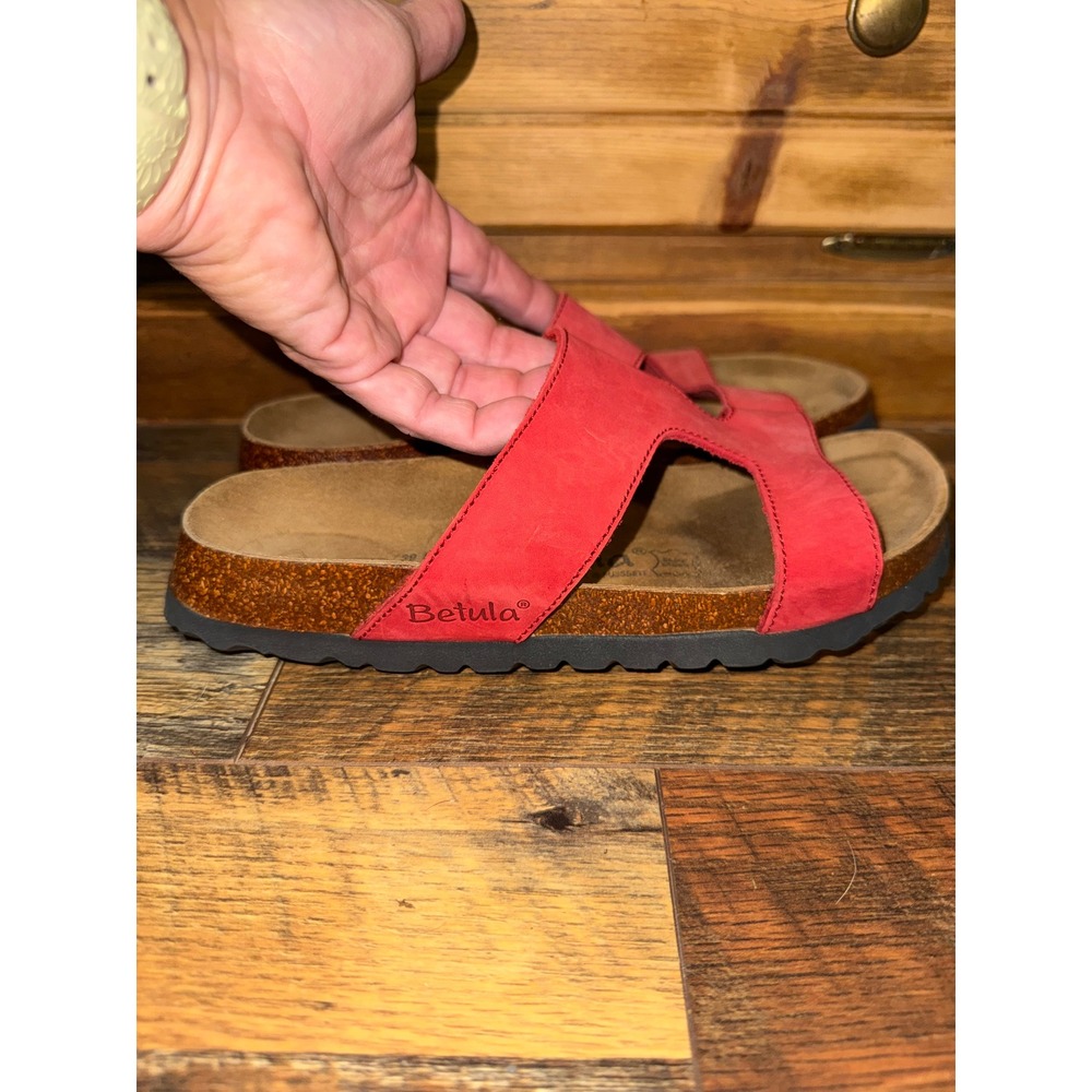 Betula by Birkenstock Red Suede Slide Sandals Size 39 L8 M6 H-Strap Cork Footbed